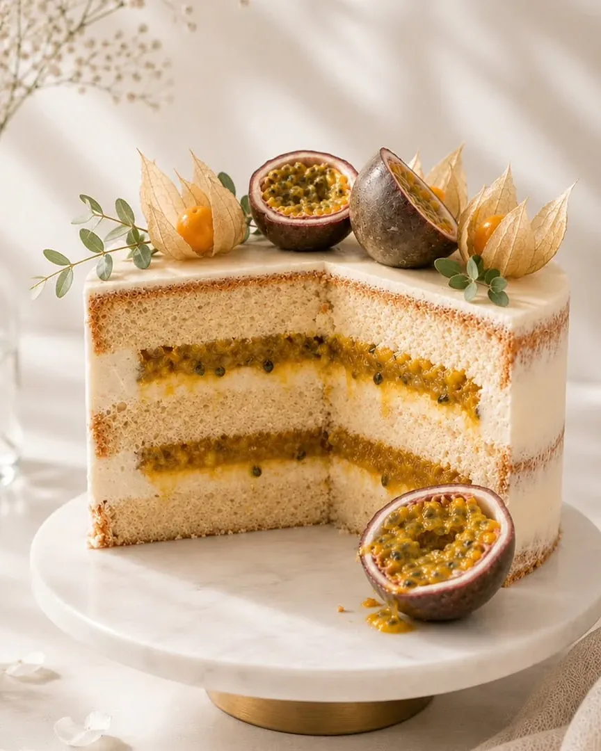 Mango and passionfruit cake, cut to show the layered tropical fruit insert