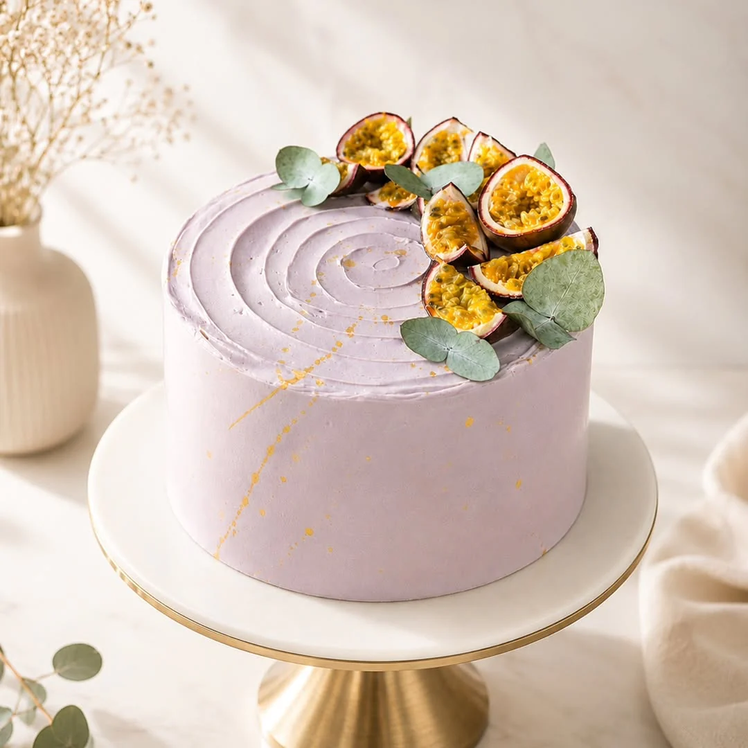 Lavender-toned cake with passionfruit and gold detail