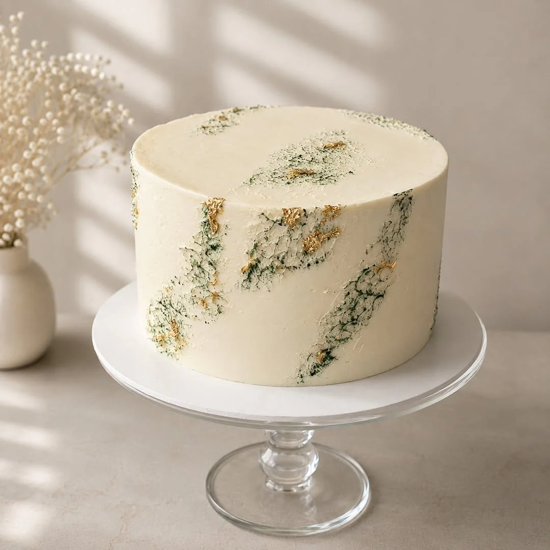 Minimal white celebration cake with a soft green marbled finish