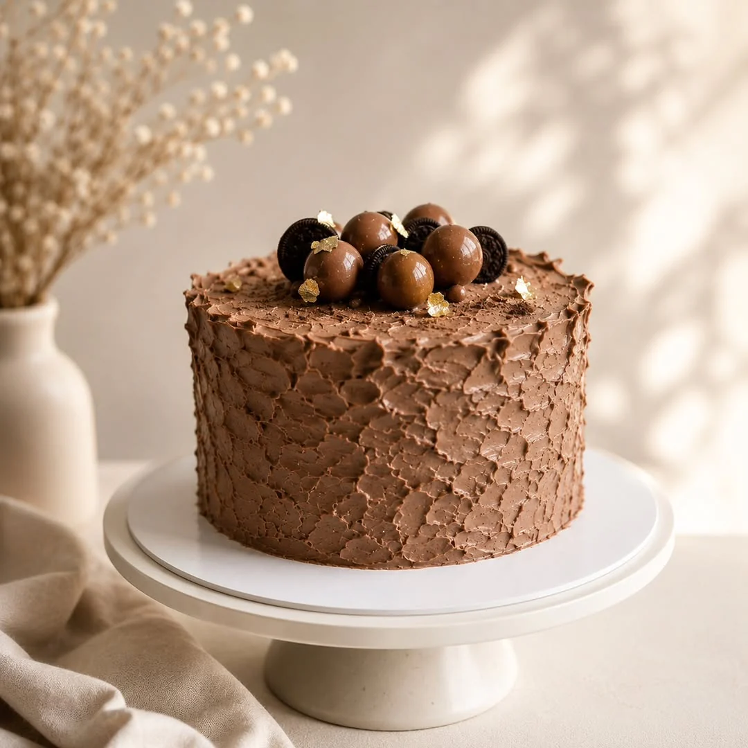 Textured chocolate cake with chocolate spheres